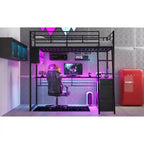Lit mezzanine noir pleine grandeur avec éclairage LED et bureau, simple