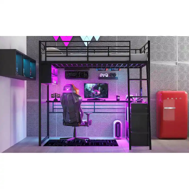 Lit mezzanine noir pleine grandeur avec éclairage LED et bureau, simple