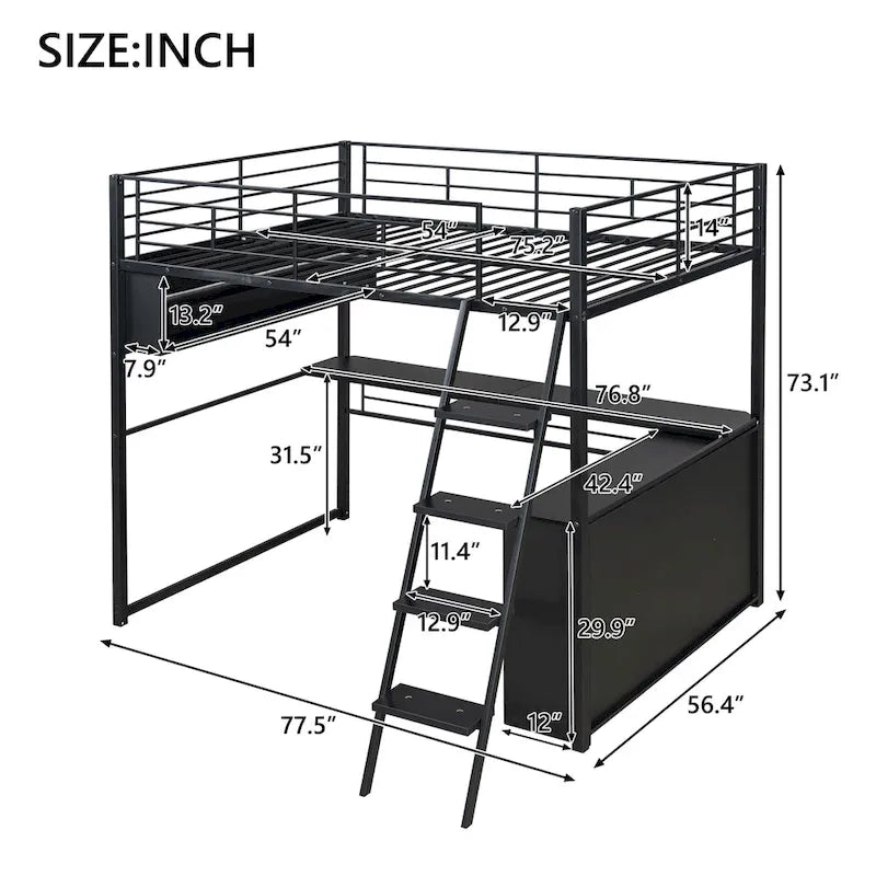Lit mezzanine noir pleine grandeur avec éclairage LED et bureau, simple