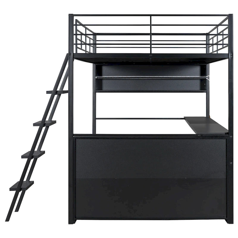 Lit mezzanine noir pleine grandeur avec éclairage LED et bureau, simple