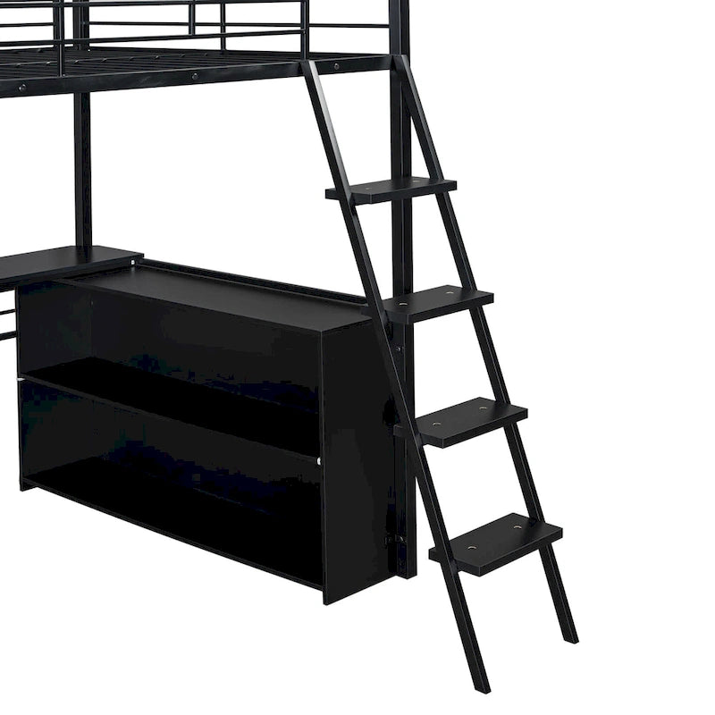 Lit mezzanine noir pleine grandeur avec éclairage LED et bureau, simple