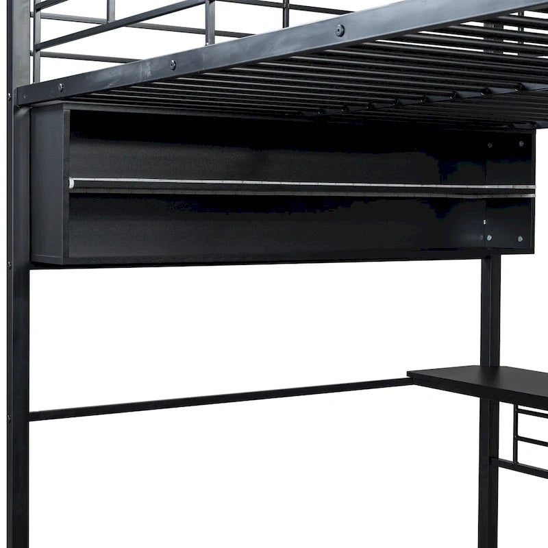 Lit mezzanine noir pleine grandeur avec éclairage LED et bureau, simple
