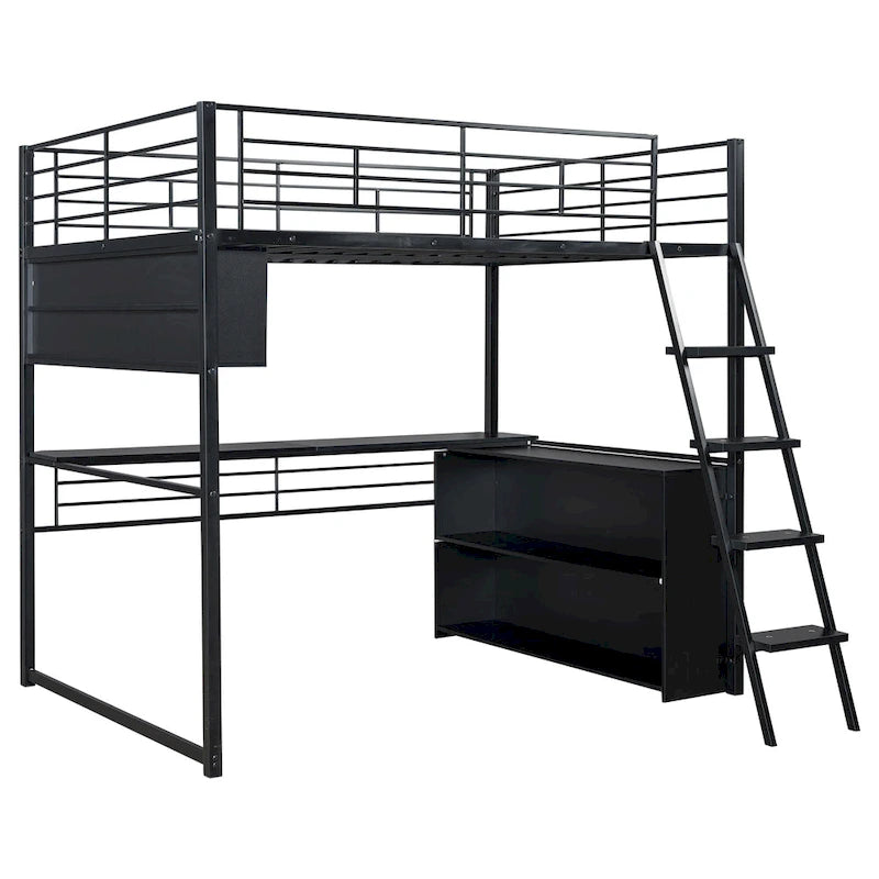 Lit mezzanine noir pleine grandeur avec éclairage LED et bureau, simple