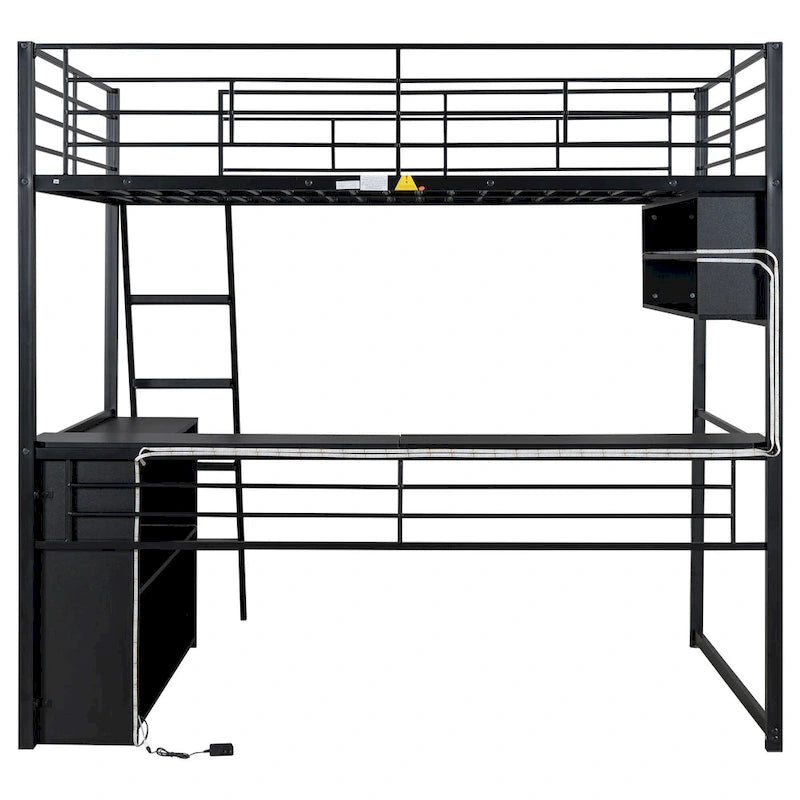 Lit mezzanine noir pleine grandeur avec éclairage LED et bureau, simple