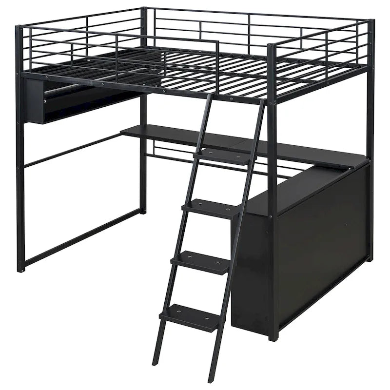 Lit mezzanine noir pleine grandeur avec éclairage LED et bureau, simple