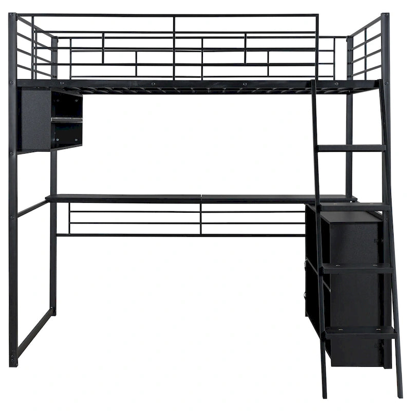 Lit mezzanine noir pleine grandeur avec éclairage LED et bureau, simple