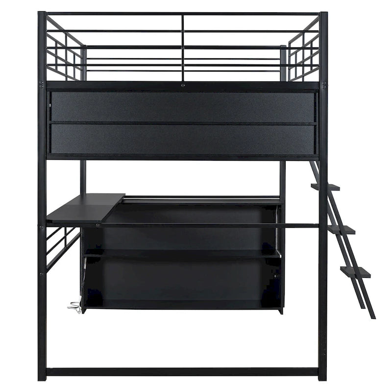 Lit mezzanine noir pleine grandeur avec éclairage LED et bureau, simple