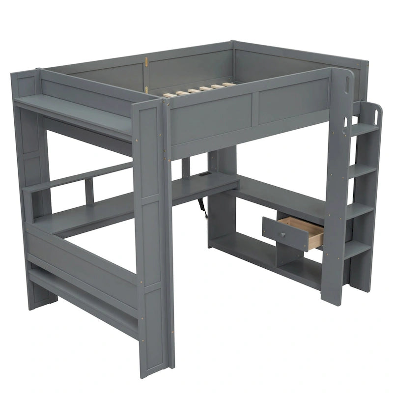 Lit mezzanine pleine grandeur gris avec bureau, LED et rangement, 1 personne