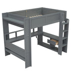 Lit mezzanine pleine grandeur gris avec bureau, LED et rangement, 1 personne