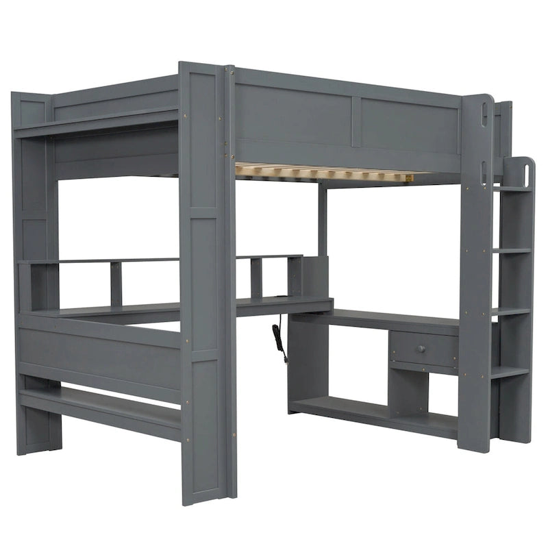 Lit mezzanine pleine grandeur gris avec bureau, LED et rangement, 1 personne