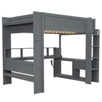Lit mezzanine pleine grandeur gris avec bureau, LED et rangement, 1 personne