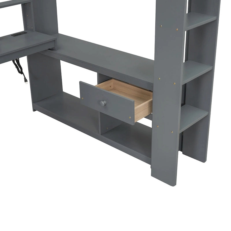 Lit mezzanine pleine grandeur gris avec bureau, LED et rangement, 1 personne