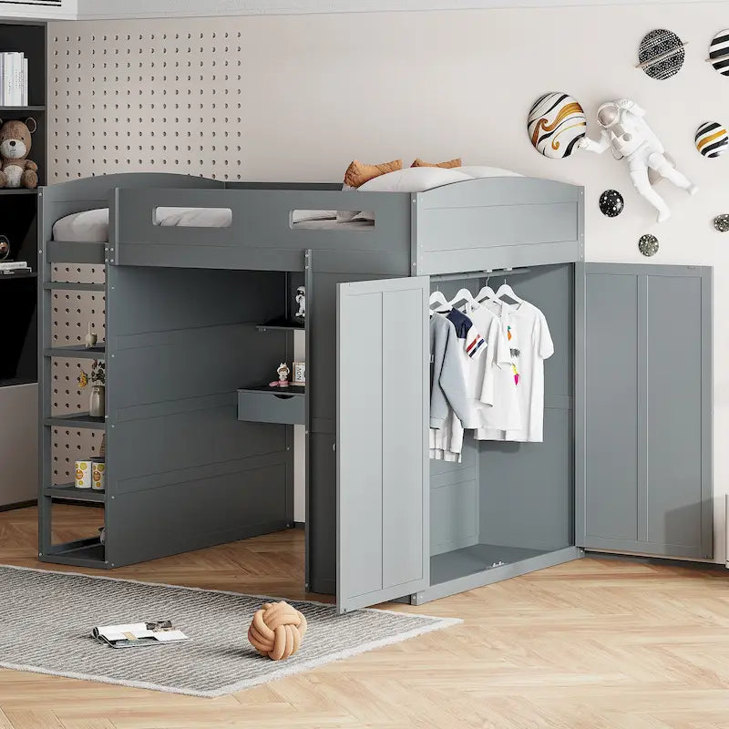 Lit mezzanine pleine grandeur avec bureau et armoire, blanc/gris, 1 personne