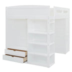 Full Size Loft Bed with Desk, Wardrobes, 4 Drawers and 4 Shelves-White