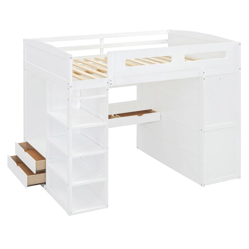 Lit mezzanine pleine grandeur avec bureau et armoire, blanc/gris, 1 personne