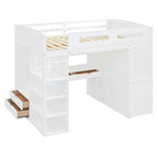 Lit mezzanine pleine grandeur avec bureau et armoire, blanc/gris, 1 personne