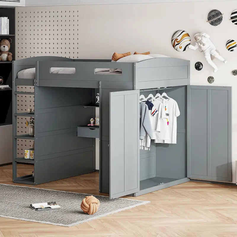 Lit mezzanine pleine grandeur avec bureau et armoire, blanc/gris, 1 personne