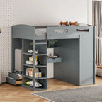 Lit mezzanine pleine grandeur avec bureau et armoire, blanc/gris, 1 personne