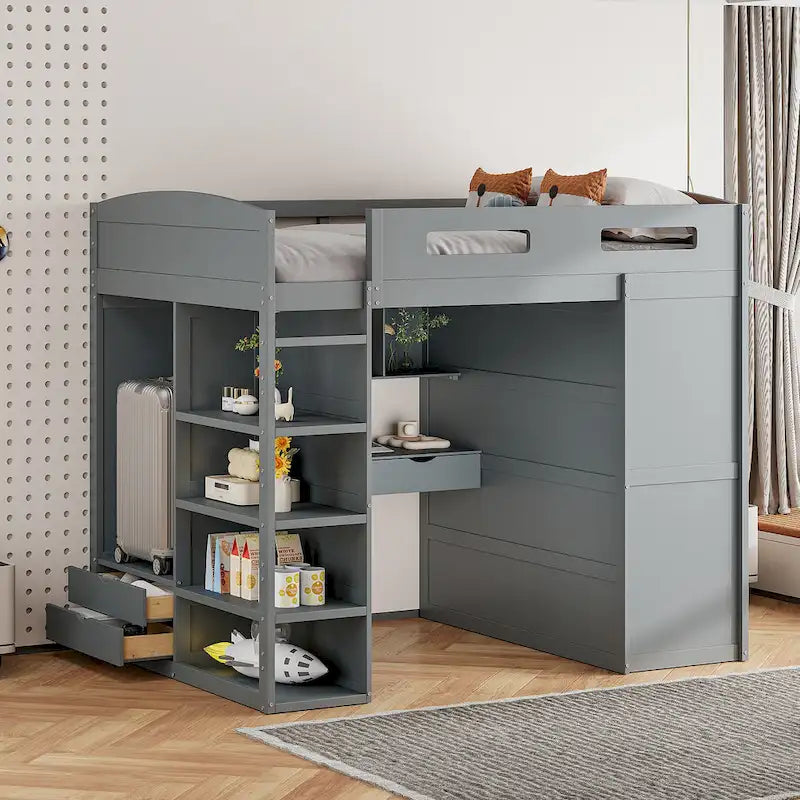 Lit mezzanine pleine grandeur avec bureau et armoire, blanc/gris, 1 personne