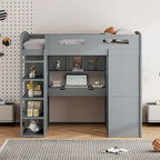 Lit mezzanine pleine grandeur avec bureau et armoire, blanc/gris, 1 personne