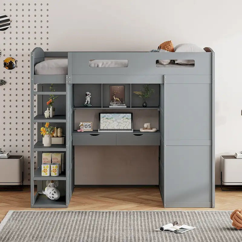Lit mezzanine pleine grandeur avec bureau et armoire, blanc/gris, 1 personne