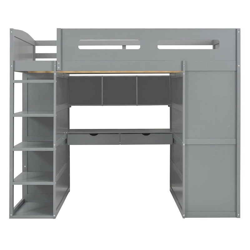 Lit mezzanine pleine grandeur avec bureau et armoire, blanc/gris, 1 personne
