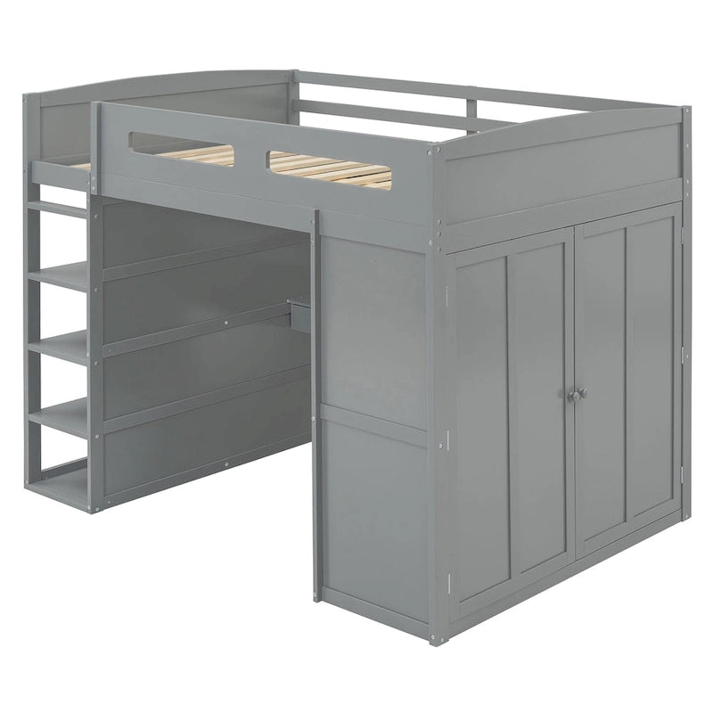 Lit mezzanine pleine grandeur avec bureau et armoire, blanc/gris, 1 personne