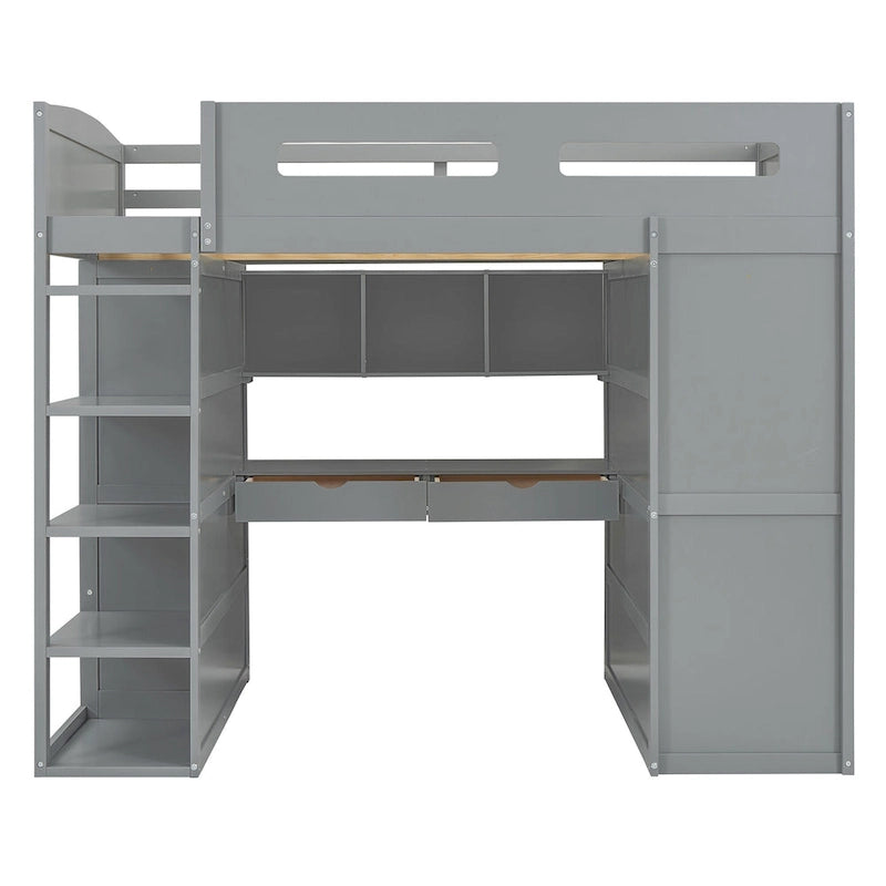 Lit mezzanine pleine grandeur avec bureau et armoire, blanc/gris, 1 personne