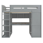 Lit mezzanine pleine grandeur avec bureau et armoire, blanc/gris, 1 personne