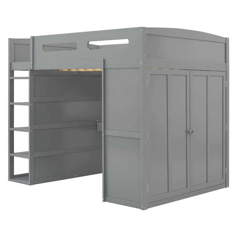 Lit mezzanine pleine grandeur avec bureau et armoire, blanc/gris, 1 personne