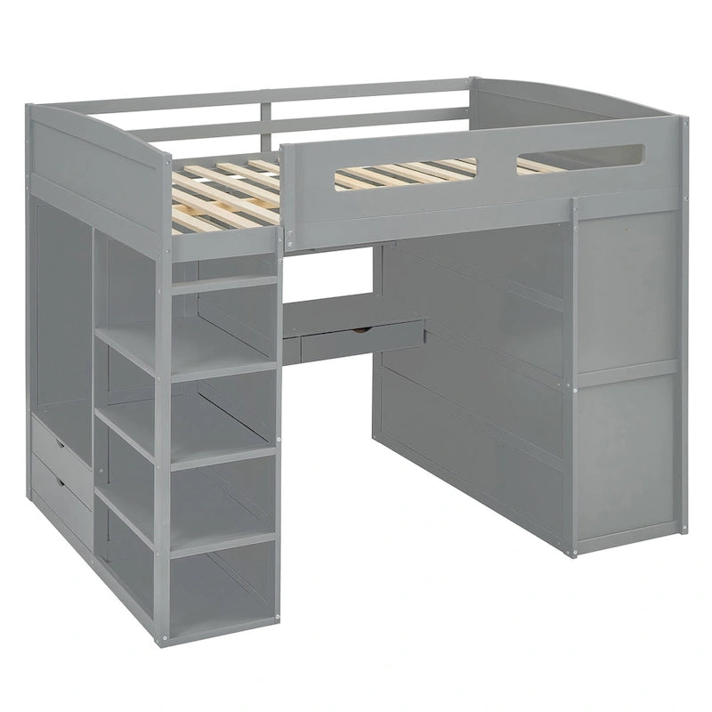 Lit mezzanine pleine grandeur avec bureau et armoire, blanc/gris, 1 personne