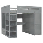 Lit mezzanine pleine grandeur avec bureau et armoire, blanc/gris, 1 personne