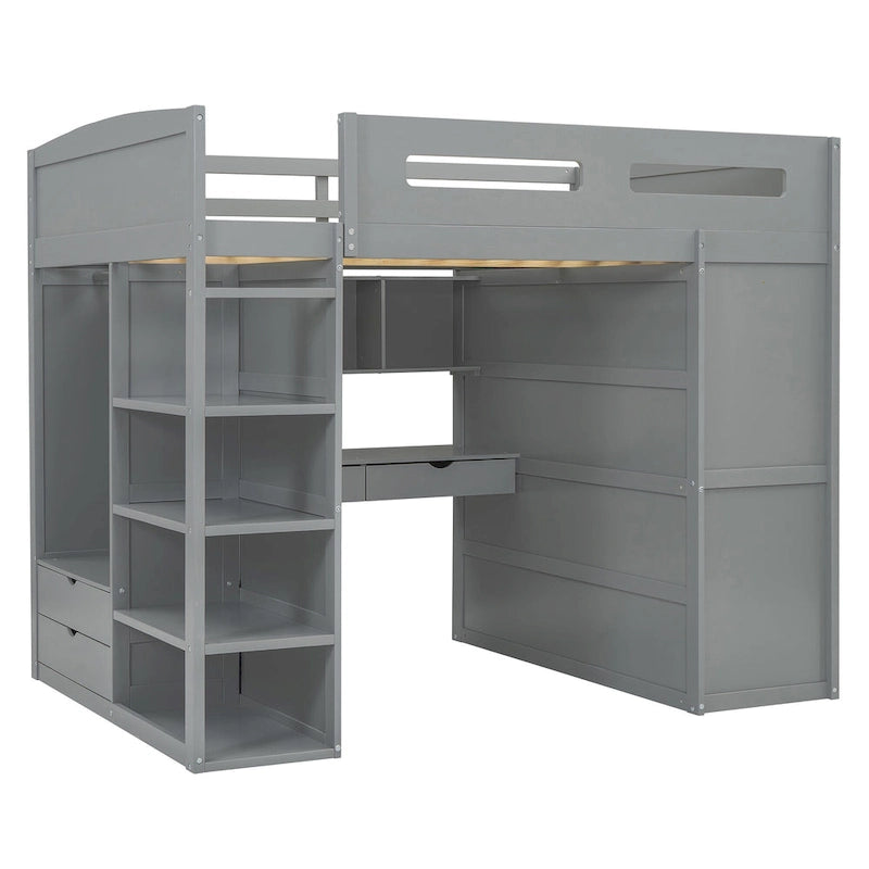 Lit mezzanine pleine grandeur avec bureau et armoire, blanc/gris, 1 personne