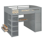 Lit mezzanine pleine grandeur avec bureau et armoire, blanc/gris, 1 personne
