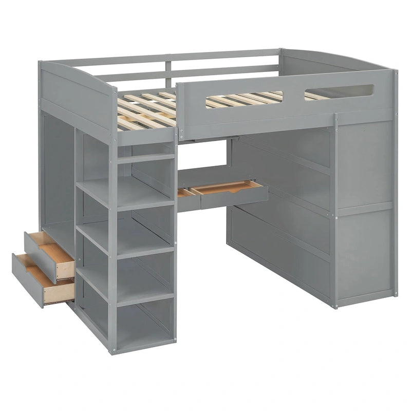 Lit mezzanine pleine grandeur avec bureau et armoire, blanc/gris, 1 personne