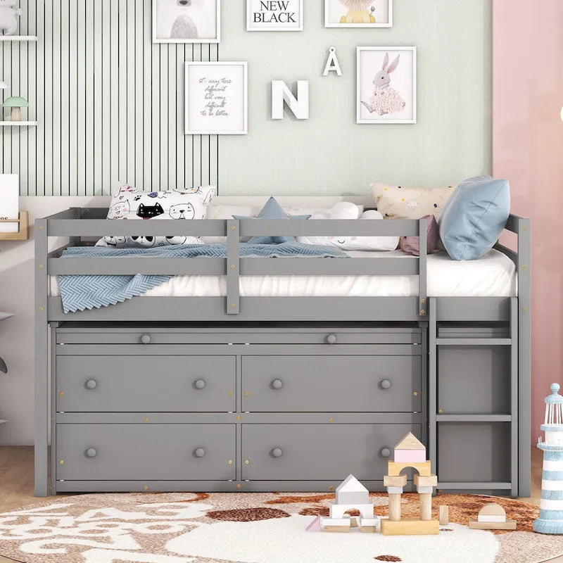 Lit mezzanine pleine taille blanc/gris avec bureau rétractable et 4 tiroirs, pour 1 personne