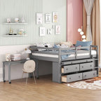 Lit mezzanine pleine taille blanc/gris avec bureau rétractable et 4 tiroirs, pour 1 personne