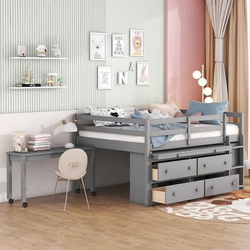 Lit mezzanine pleine taille blanc/gris avec bureau rétractable et 4 tiroirs, pour 1 personne