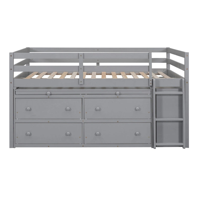 Lit mezzanine pleine taille blanc/gris avec bureau rétractable et 4 tiroirs, pour 1 personne