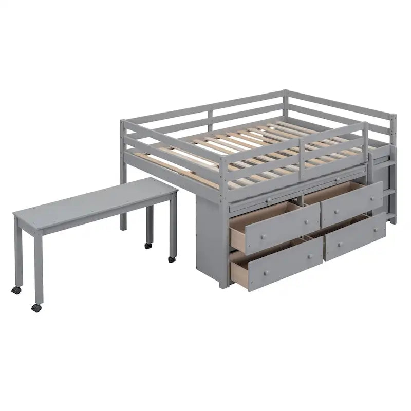 Lit mezzanine pleine taille blanc/gris avec bureau rétractable et 4 tiroirs, pour 1 personne