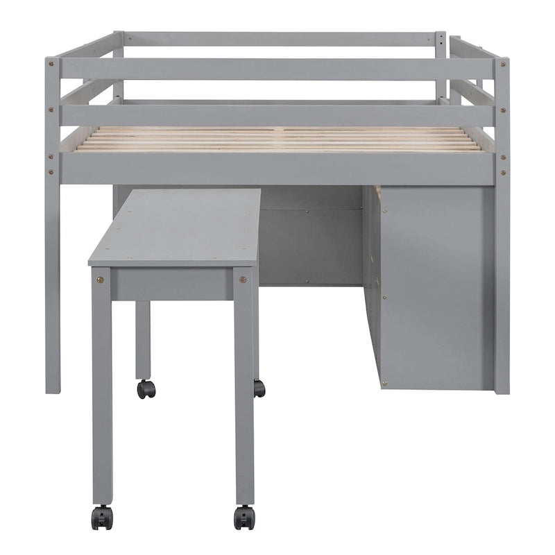 Lit mezzanine pleine taille blanc/gris avec bureau rétractable et 4 tiroirs, pour 1 personne
