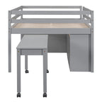Lit mezzanine pleine taille blanc/gris avec bureau rétractable et 4 tiroirs, pour 1 personne