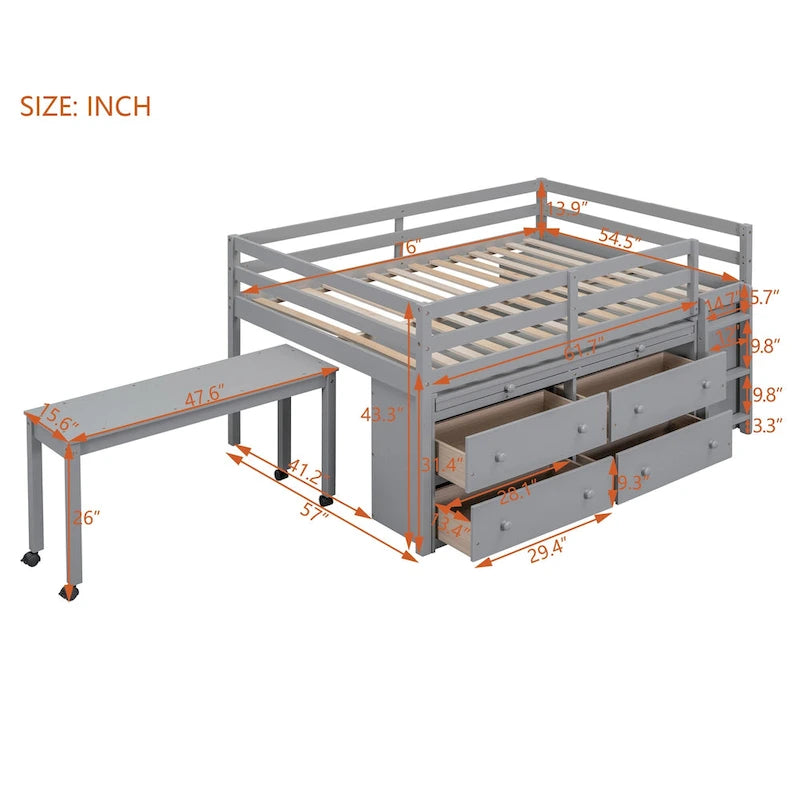 Lit mezzanine pleine taille blanc/gris avec bureau rétractable et 4 tiroirs, pour 1 personne