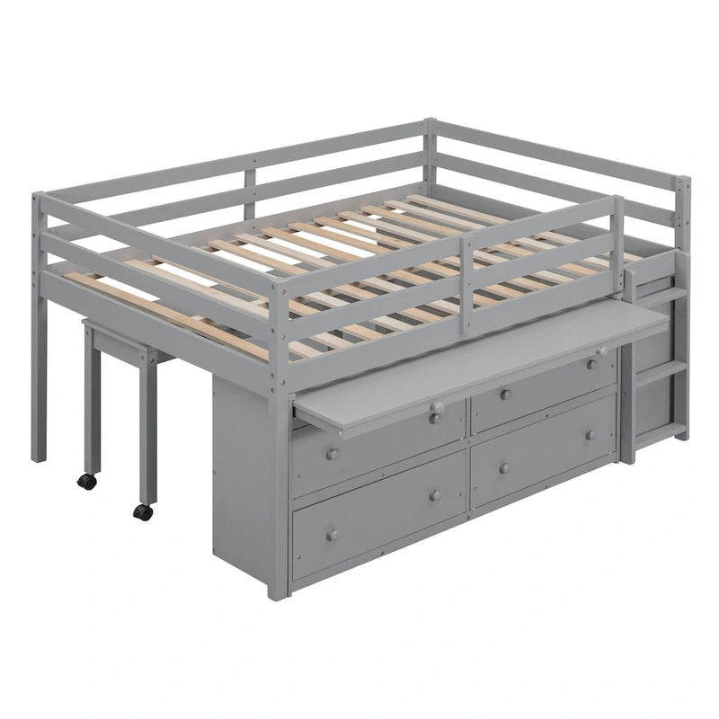 Lit mezzanine pleine taille blanc/gris avec bureau rétractable et 4 tiroirs, pour 1 personne