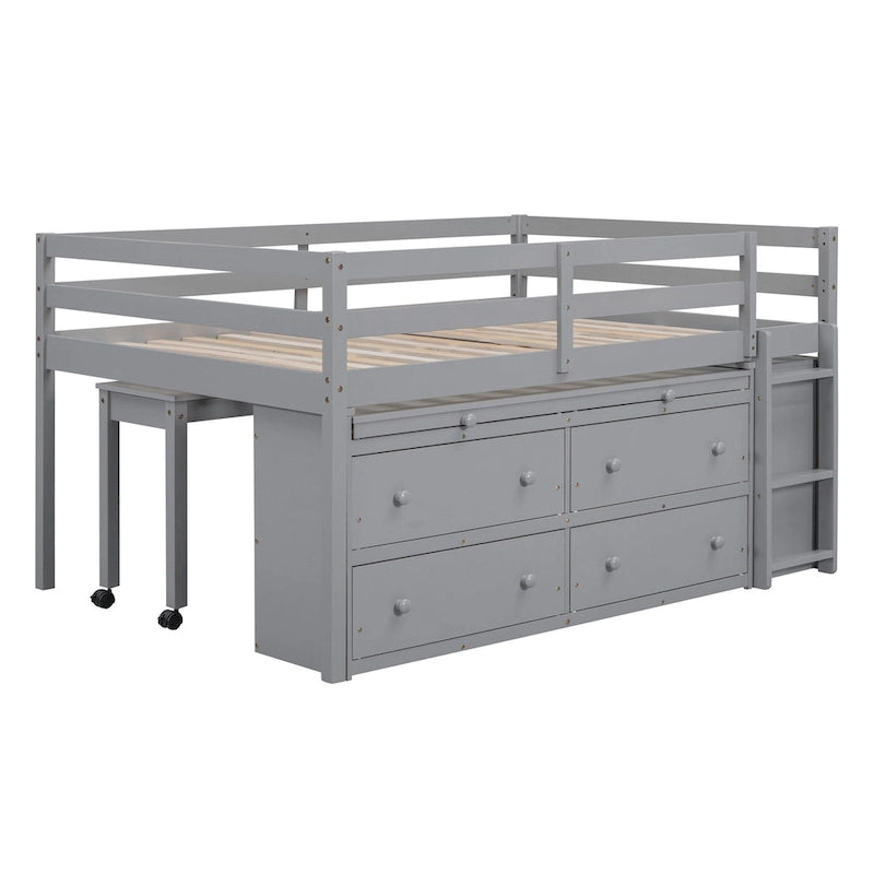 Lit mezzanine pleine taille blanc/gris avec bureau rétractable et 4 tiroirs, pour 1 personne