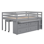 Lit mezzanine pleine taille blanc/gris avec bureau rétractable et 4 tiroirs, pour 1 personne
