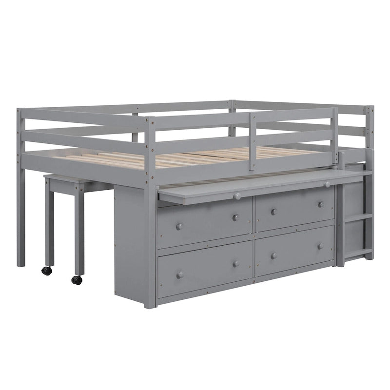 Lit mezzanine pleine taille blanc/gris avec bureau rétractable et 4 tiroirs, pour 1 personne