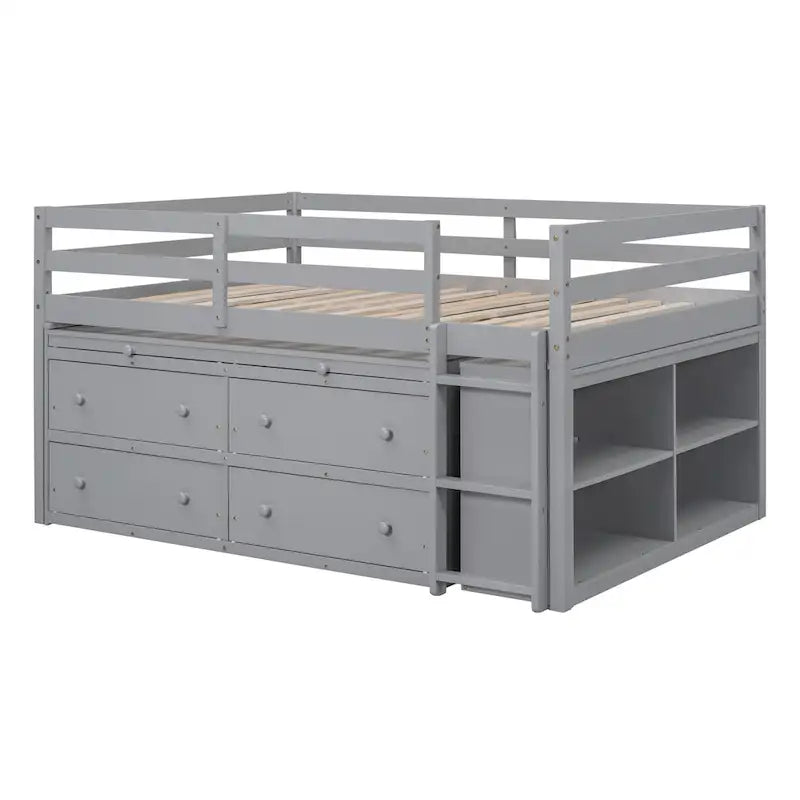 Lit mezzanine pleine taille blanc/gris avec bureau rétractable et 4 tiroirs, pour 1 personne