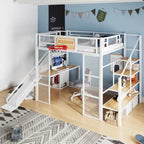 Lit mezzanine en métal blanc grandeur nature avec toboggan, bureau et armoire (1 personne)
