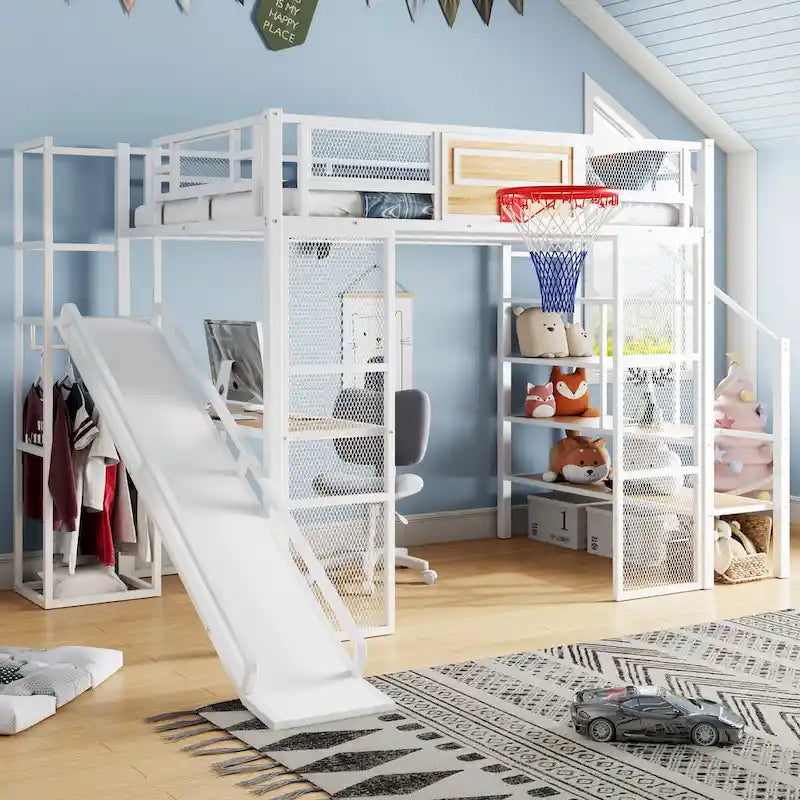 Lit mezzanine en métal blanc grandeur nature avec toboggan, bureau et armoire (1 personne)